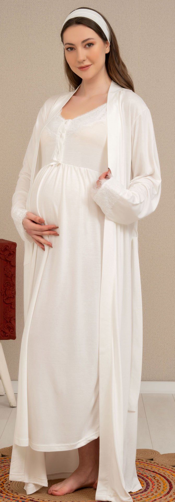 Kolları Dantelli Uzun Lohusa Gecelik Takımı