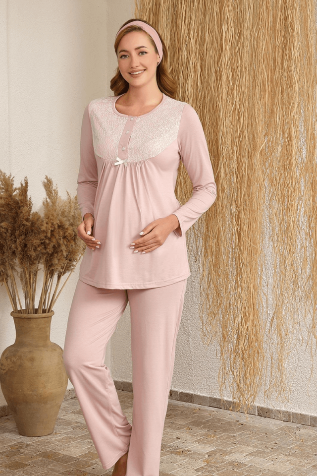 Sabahlıklı Dantel Yaka Şardonlu Lohusa Pijama Takımı
