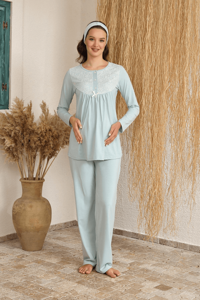 Sabahlıklı Dantel Yaka Şardonlu Lohusa Pijama Takımı