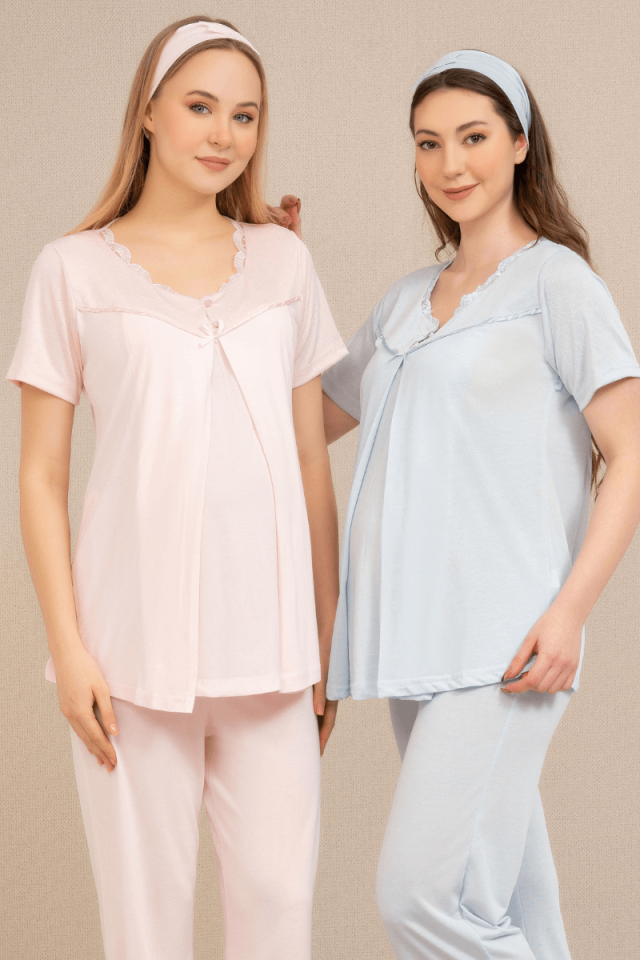 Dantel Yaka Yarım Kol Lohusa Pijama Takımı