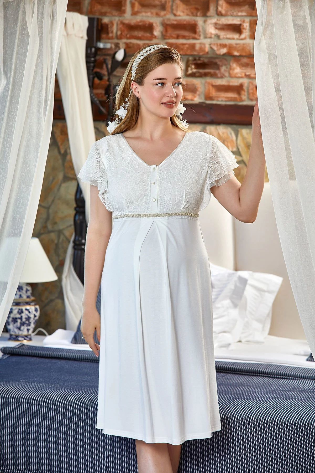 Cossy By Aqua İnci Detaylı Lohusa Gecelik