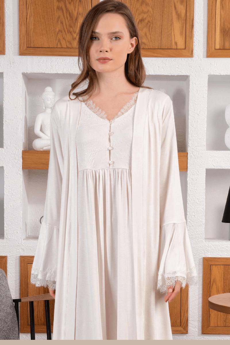 Dantelli Volan Kol Sabahlıklı Lohusa Gecelik Takımı