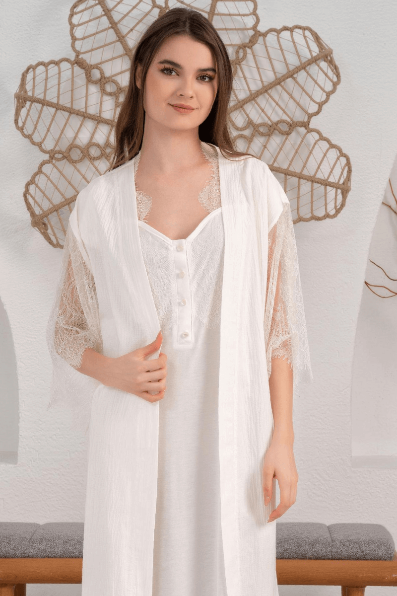 Dokuma Kumaş Yaka Ve Kolları Dantel Detaylı Sabahlıklı Lohusa Gecelik Takımı