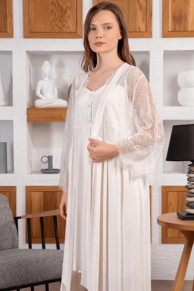 Göğüs Ve Kolları Dantel Detaylı Sabahlıklı Lohusa Gecelik Takımı