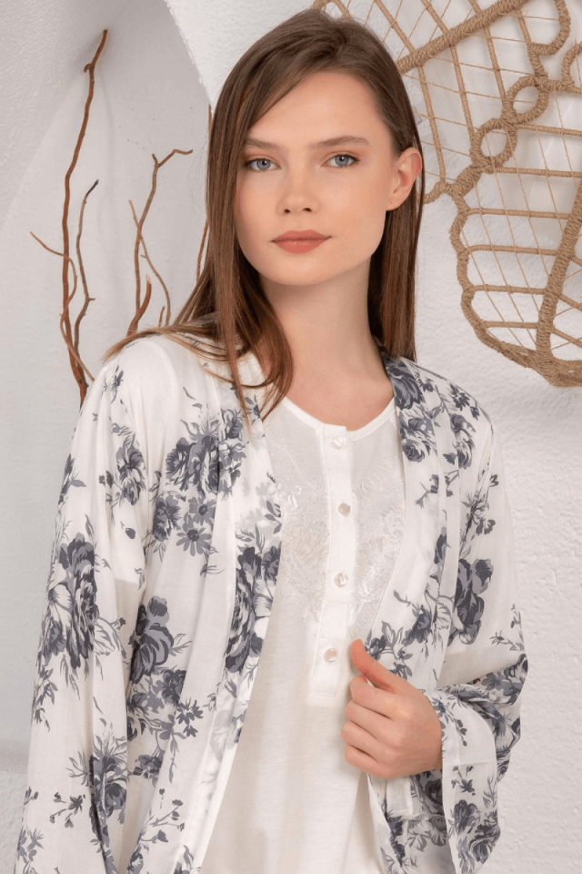 Çiçek Desenli Uzun Sabahlıklı Lohusa Pijama Takımı