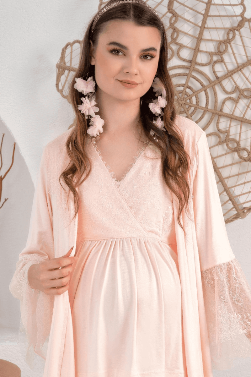 Dantelli Volan Kol Sabahlıklı Lohusa Pijama Takımı