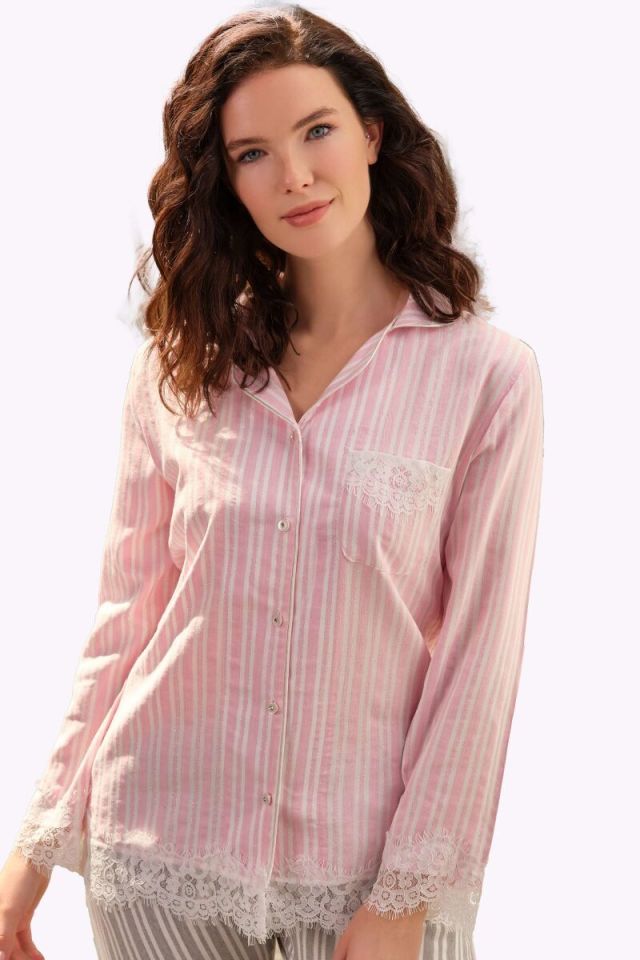 Anıl Çizgili Uzun Kollu Göğüs Cepli Dantelli Pijama Takımı