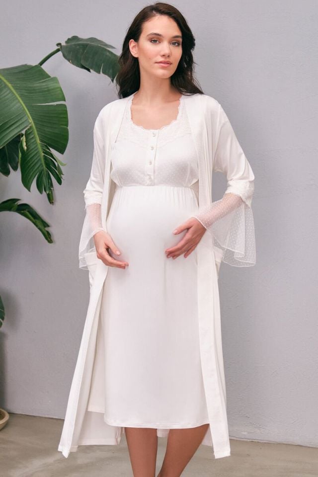 Anıl Dantelli Volan Kol Önden Düğmeli Sabahlıklı Lohusa Gecelik Takımı