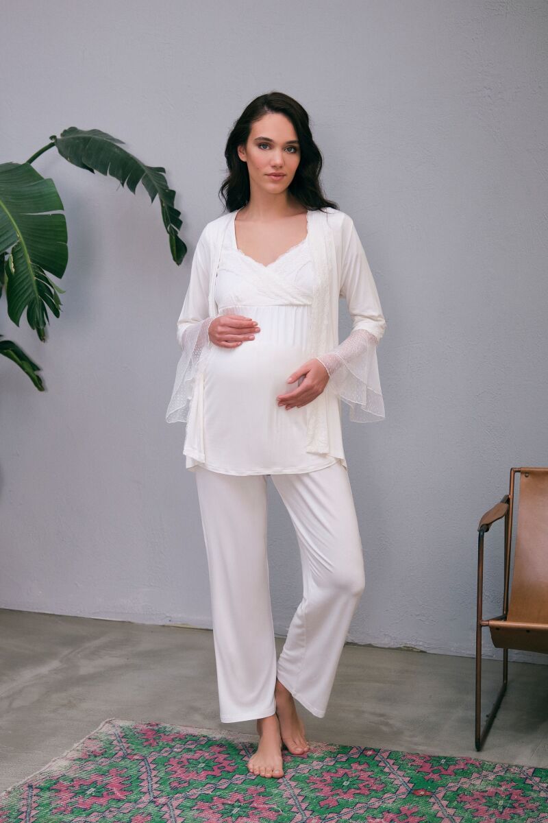 Anıl Dantelli Volan Kol Önden Düğmeli Sabahlıklı Lohusa Pijama Takımı