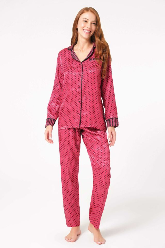 Anıl Puantiyeli Pamuk Saten Önden Düğmeli Uzun Kollu Pijama Takım